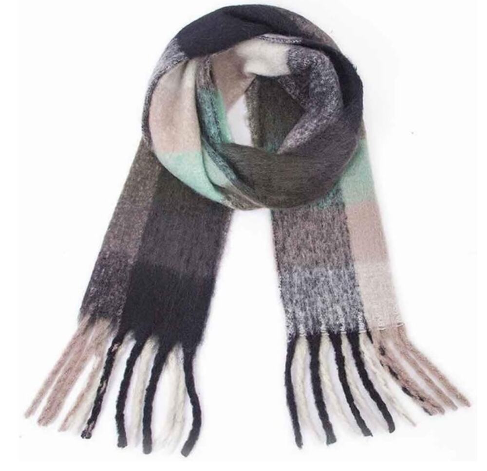 Oversized Multicolor Plaid Wool Scarf with Fringe Long Winter Scarf Outerwear